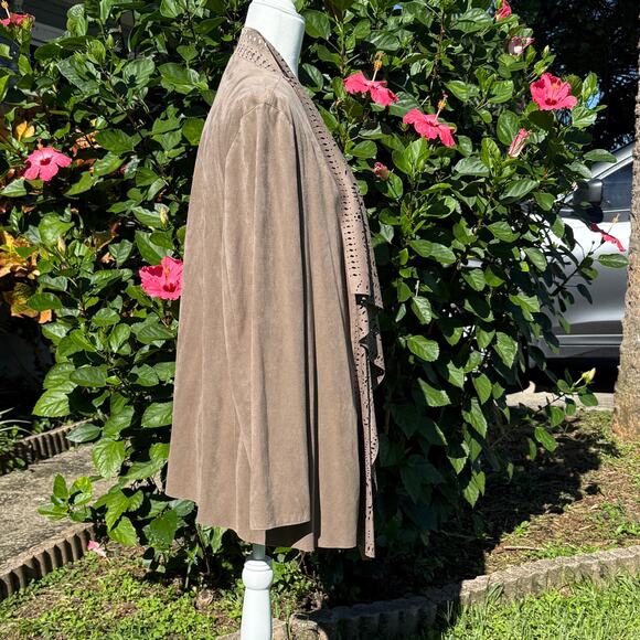 Coldwater Creek 1X Taupe Laser Cut Faux Suede Waterfall Cardigan Sweater Jacket - Picture 4 of 10